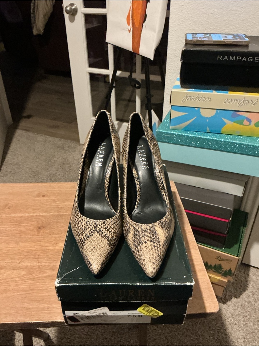 Lauren Ralph Lauren Snake-Print Pointed Toe Pumps in Beige and Black